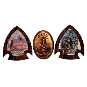 Set of 3 Native American Wooden Art Plaques Feather & Deer Arrowhead Wall Decor